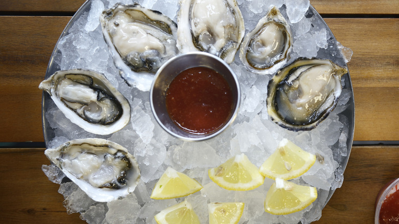 Oysters on ice with cocktail sauce