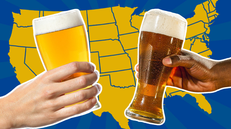 holding beers over US map