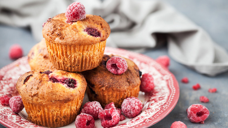 plate of raspberry muffins