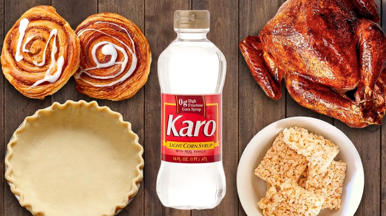 Composite image of Karo syrup surrounded by pie crust, Rice Krispies treats, cinnamon rolls, roast turkey