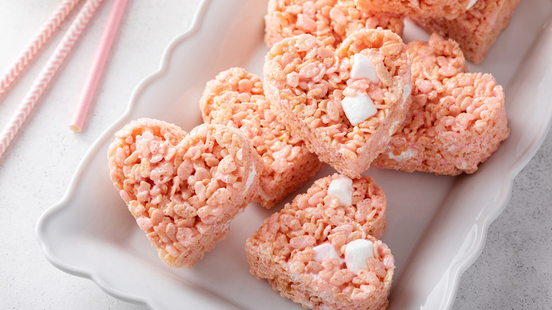 Heart-shaped Rice Krispies treats on a plate