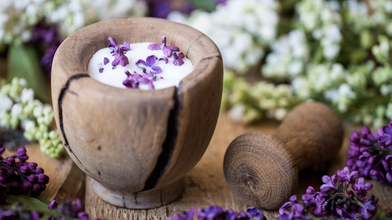 mortar pestle lilacs sugar