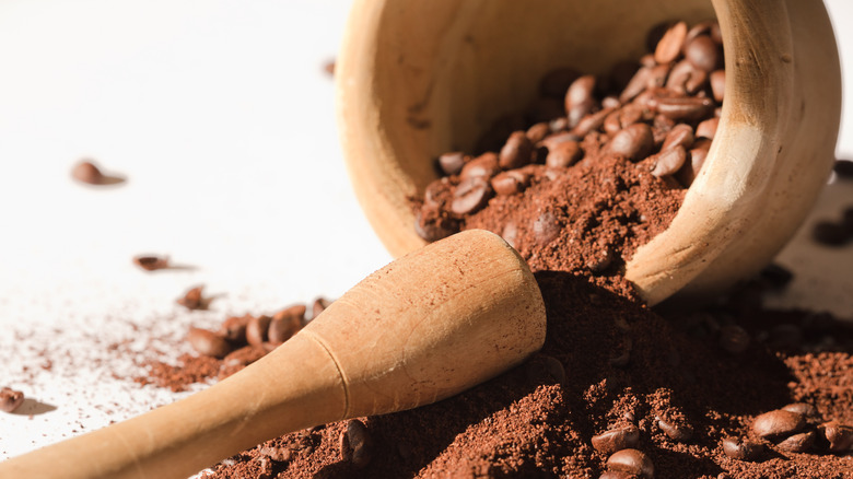 coffee grounds beans mortar pestle