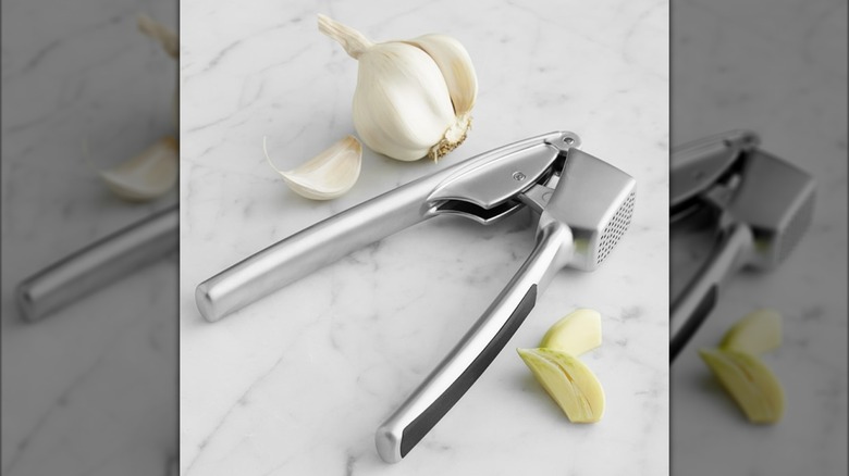 Garlic press on countertop with whole garlic head