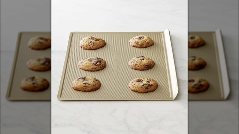 Corrugated cookie sheet on marble surface