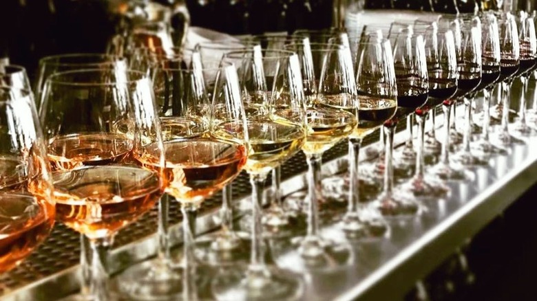 Rose, white, and red wine glasses lined up at Bigsby's Folly