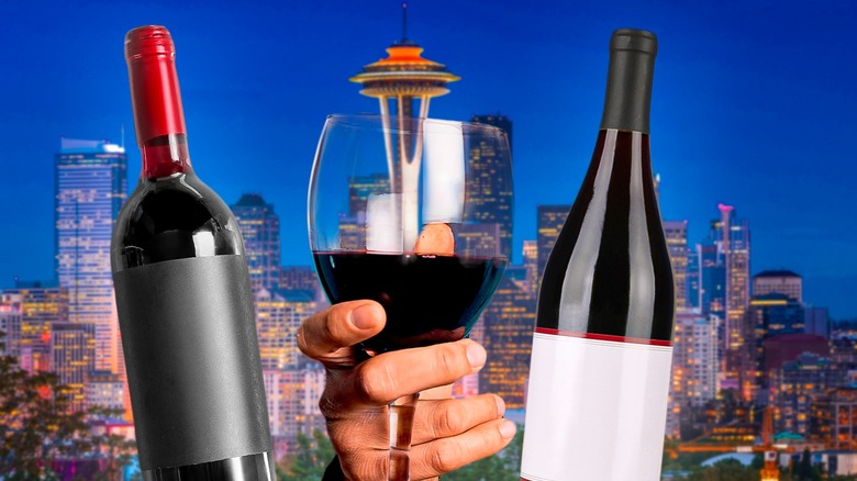 Wine bottles, wine glass, and the Space Needle