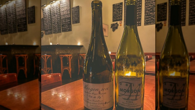 Close-up of French wine bottles