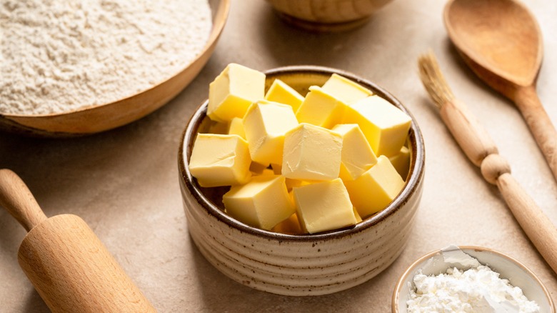 Cubed butter in bowl