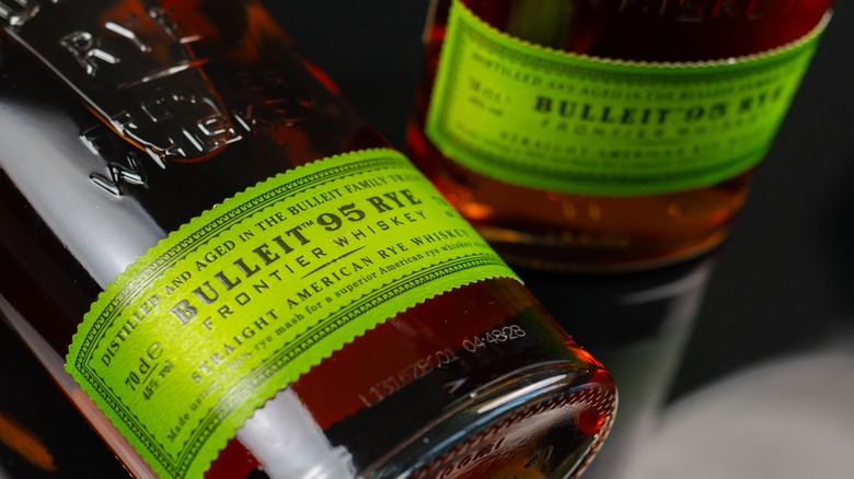 Labels on two bottles of Bulleit Rye Whiskey