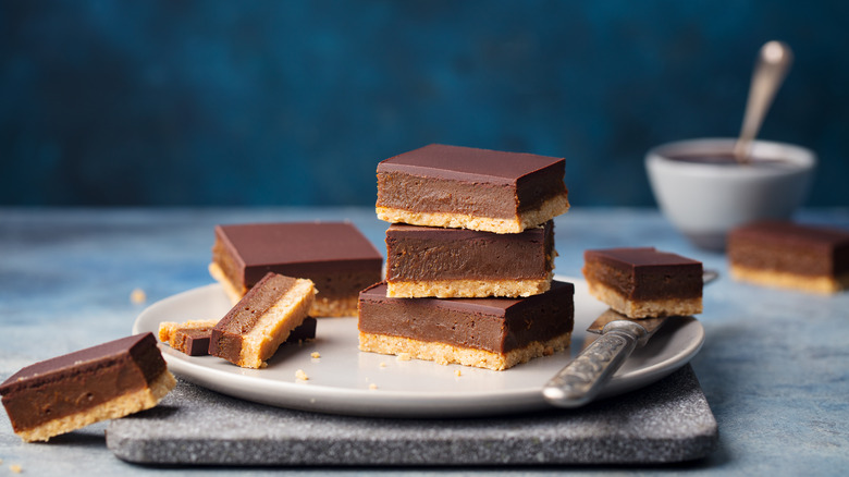 millionaire's shortbread piled on plate