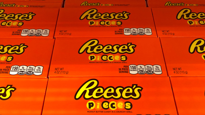 Orange boxes of Reese's Pieces