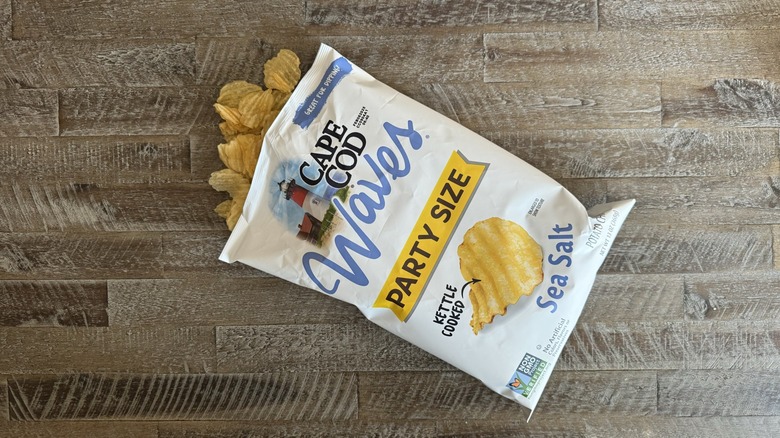 Bag of Cape Cod Waves sea salt chips opened on table