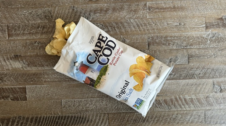 Bag of Cape Cod Original sea salt potato chips opened on table