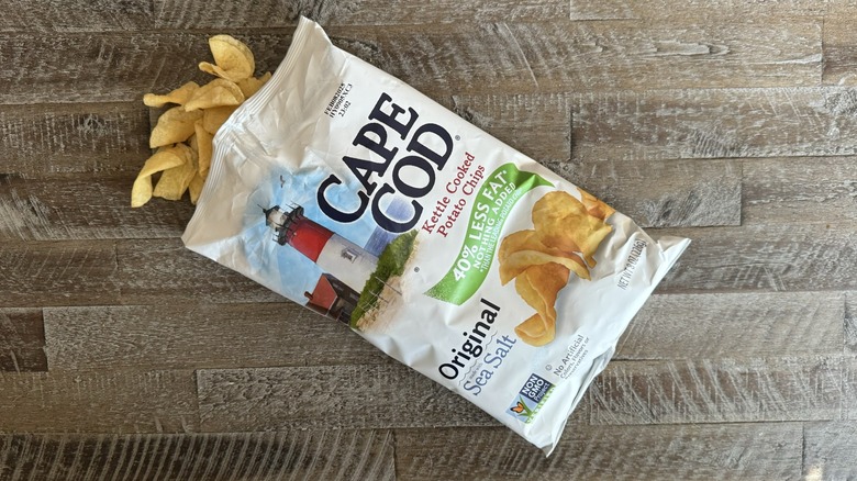 Bag of Cape Cod Low-fat kettle chips on table