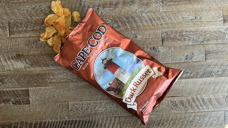 Bag of Cape Cod Dark russet potato chips on table