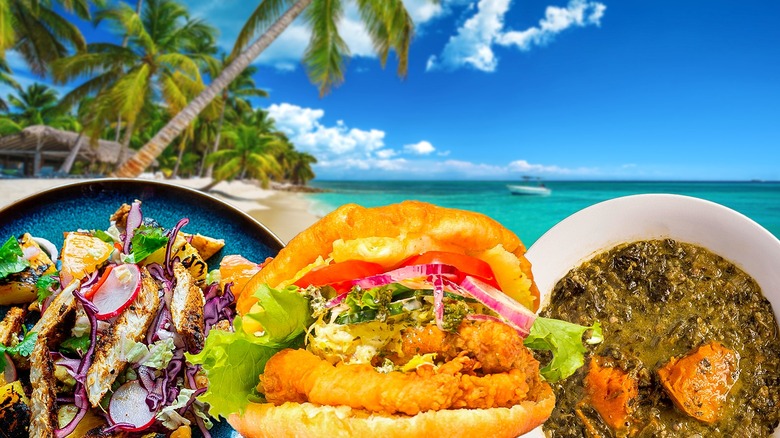 Caribbean dishes overlaying tropical beach