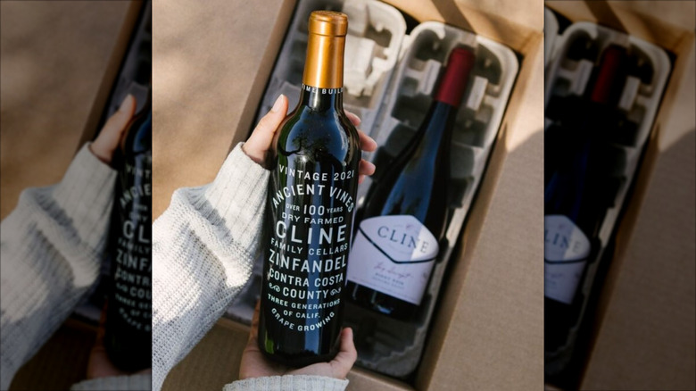 hand holding bottle of red wine