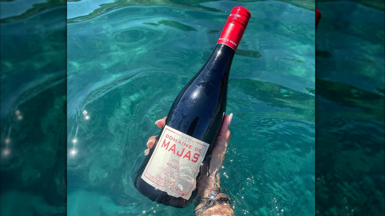 hand holding bottle of red wine in pool