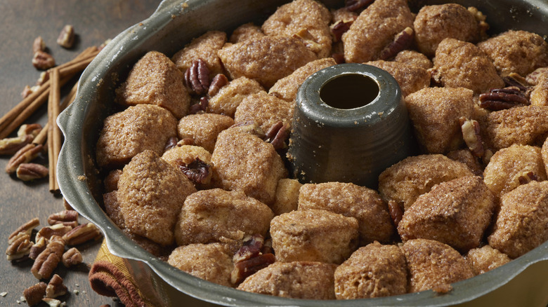 cinnamon sugar pull apart monkey bread in baking dish