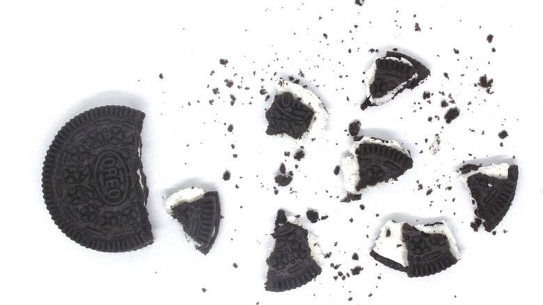 Crushed Oreo pieces on whire background