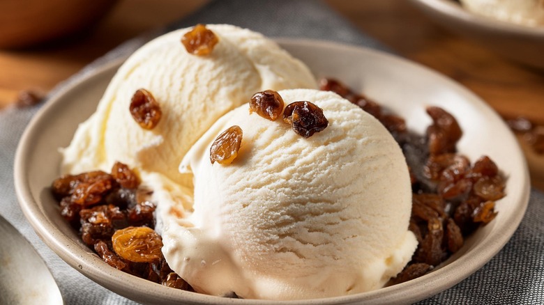 Rum raisin ice cream in a bowl