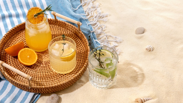 cocktails on a wicker tray