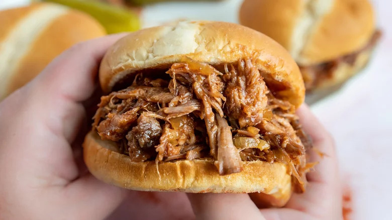 person holding pulled pork sandwich