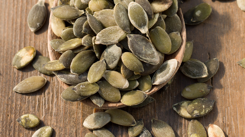 Toasted pumpkin seeds in spoon