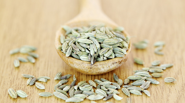 Fennel seeds overflowing from wooden spoon