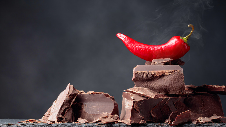 Chunks of chocolate with a red pepper on top on a dark background