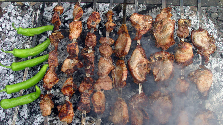 Armenian meat skewers over flame