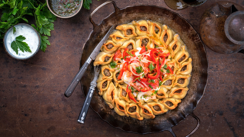 Armenian manti in baking dish