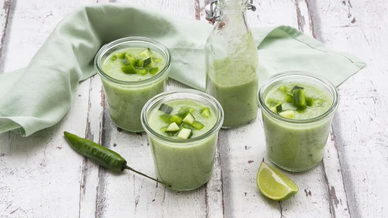 Cucumber gazpacho in jars