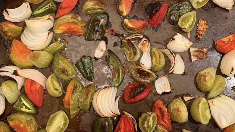 Roasted vegetables on baking sheet