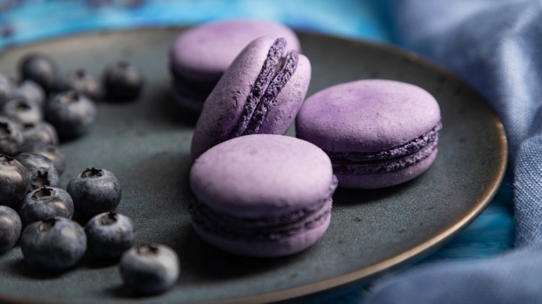 Plate of blueberry macarons