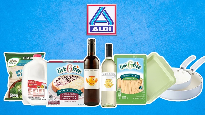 Assortment of Aldi items underneath the chain's logo, against a light blue background