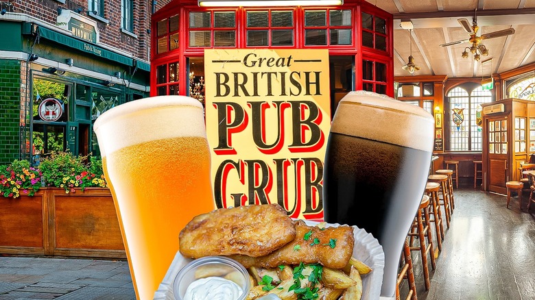 British pub exterior with beer and food