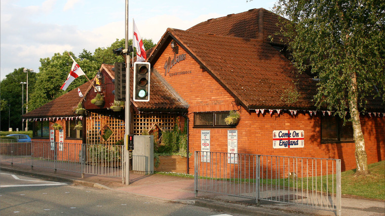 Pub decorated with English flags