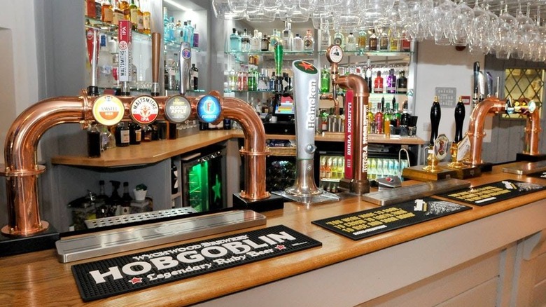 Close-up of a British pub bar