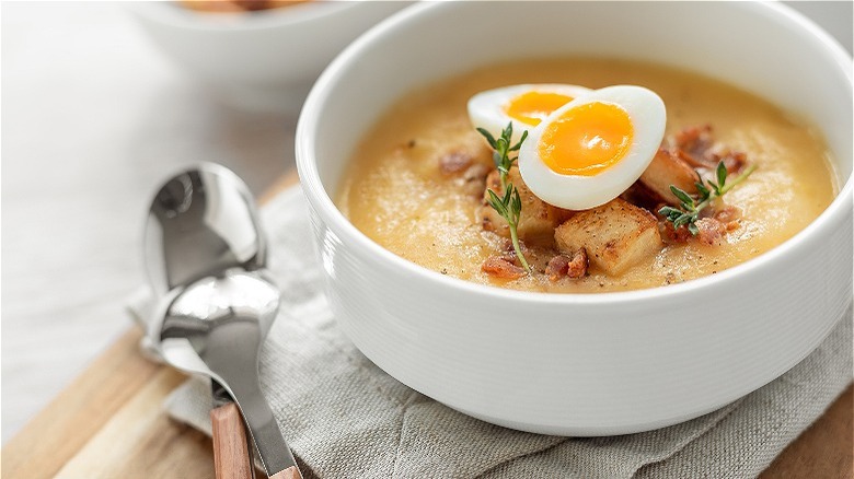 Soup topped with quail egg