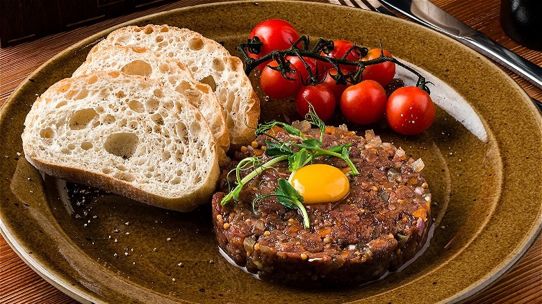 Quail egg on steak tartare