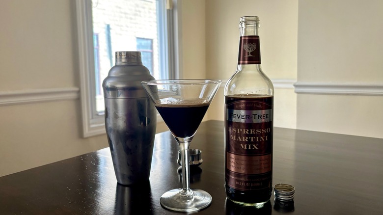 Fever-Tree Espresso Martini Mix, martini glass, and cocktail shaker