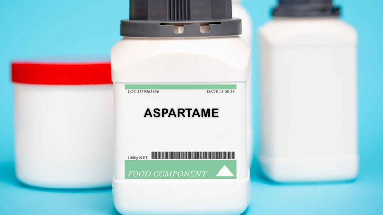 Aspartame container with label