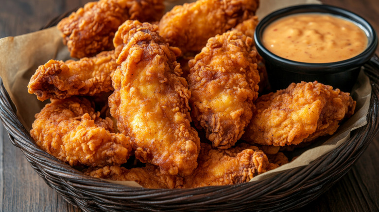 a basket of crispy fried chicken with a ramekin of dipping sauce