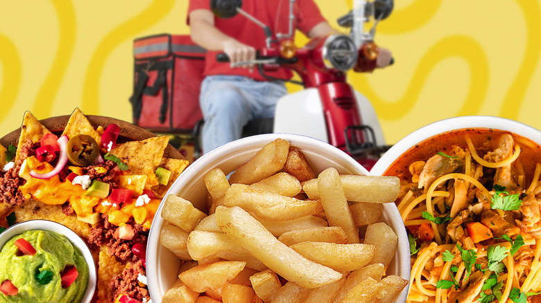 dishes of nachos, fries, and soup noodles with delivery person on moped in the back