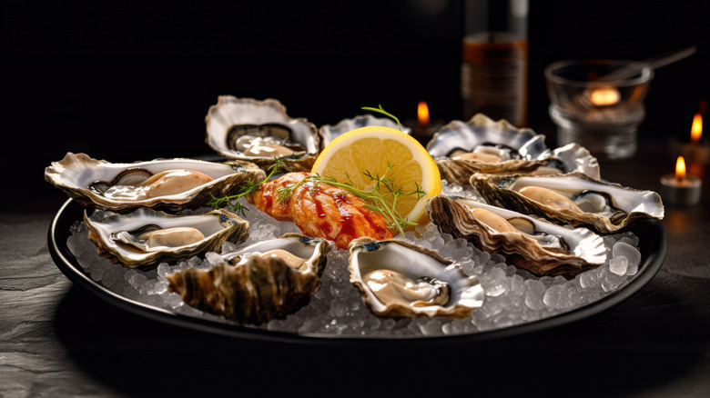 a dish of fresh oysters on crushed ice with lemon