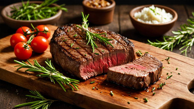 a piece of cut and seasoned steak on a wooden board