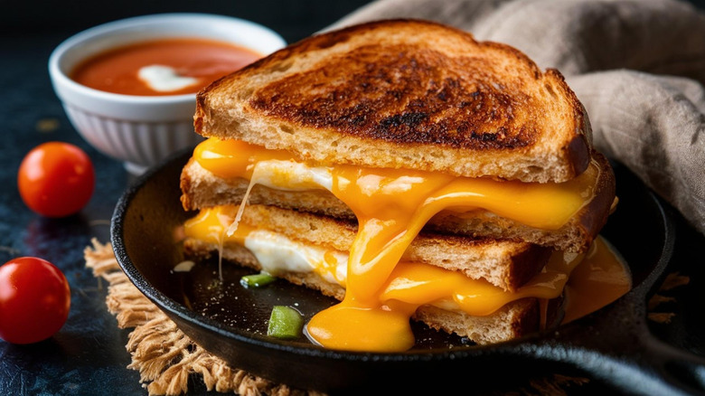 a grilled cheese sandwich with melted cheese dripping onto the plate