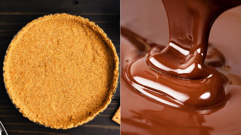 Split image of a graham cracker pie crust and melted chocolate